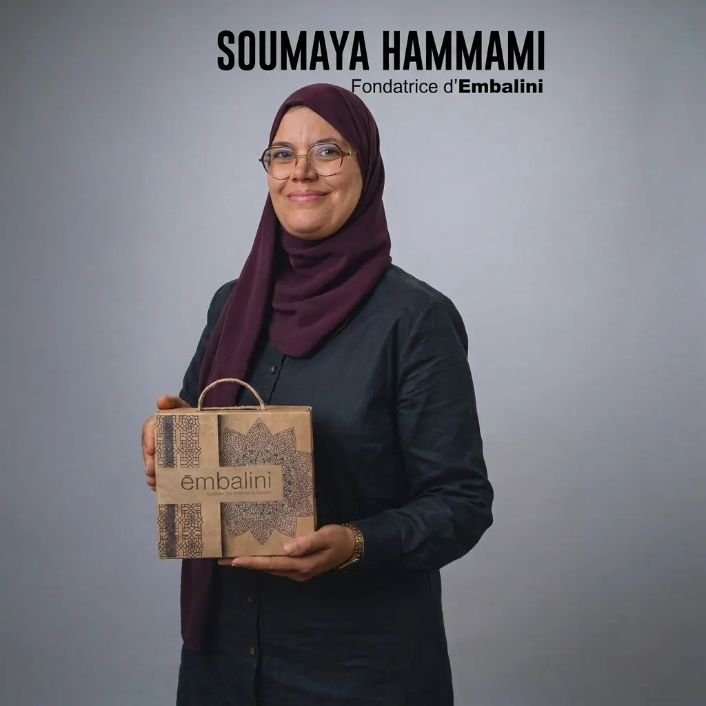 Soumaya Hammami, fondatrice d'Embalini, tenant un sac kraft Embalini