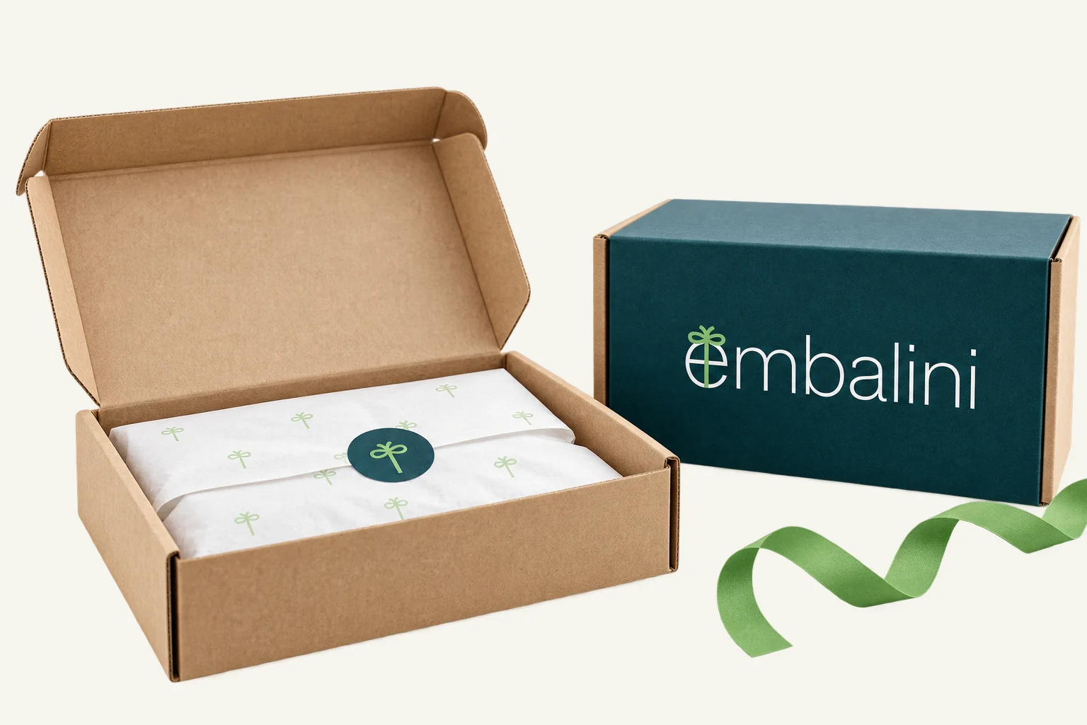 Concept de coffret kraft et boîte bleu pétrole avec le logo Embalini et un ruban vert
